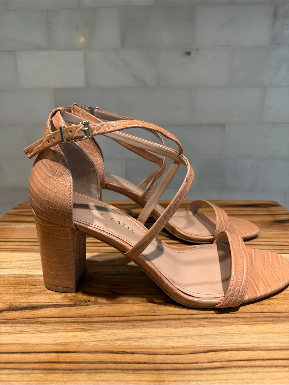 Kelly & Katie Croc-Embossed Peachy Tan Block Heel Sandals